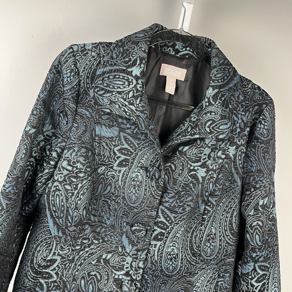 Chico's Jacquard Jacket Size 1 Womens M/8 Black Teal Paisley Textured Career‎